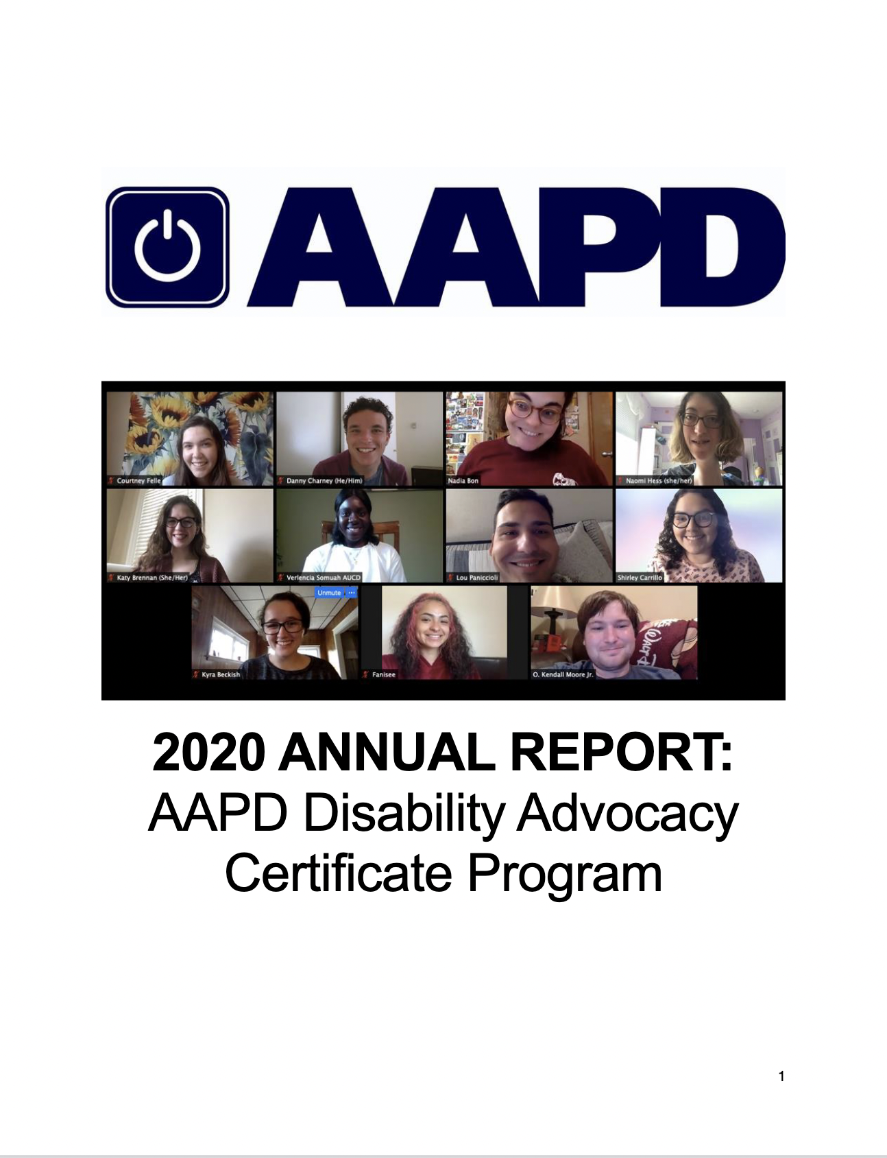 020 Disability Advocacy Certificate Program Annual Report screenshot of report front page with AAPD logo above image of 11 zoom participants and report title