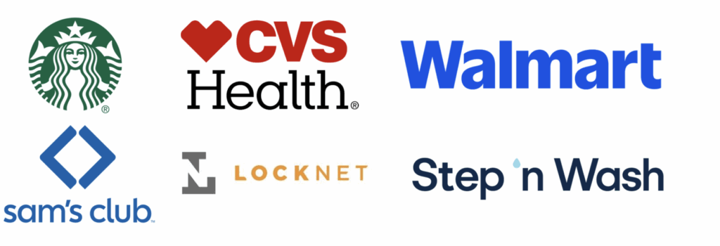 Logos for Starbucks, CVS Health, Walmart, Sam's Club, Locknet and Step n' Wash